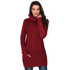 Red Cowl Neck Cable Knit Sweater Dress