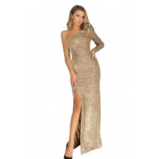Apricot Fortune One Shoulder Front Slit Sequin Gown