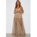 Apricot Glittering Checked Pattern Sheer Gown