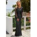 Black Sequin Fringe Sleeve Party Maxi Evening Dress
