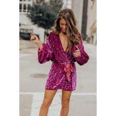 Red Sparkling Sequin Dotted Wrap Mini Dress