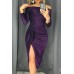 Purple Off Shoulder Ruched Thigh High Slit Sequin Dress