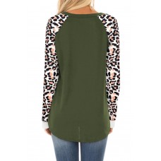 Green Leopard Print Long Sleeve Pullover Top