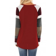Color Block Long Sleeves Burgundy Pullover Top