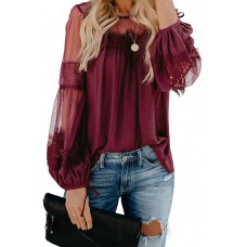 Red Fashion Lantern-Sleeve Lace Patchwork Top