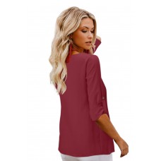 Red Button Detail Roll up Sleeve Blouse