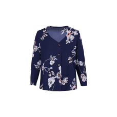 Blue V Neck Buttoned Floral Print Blouse