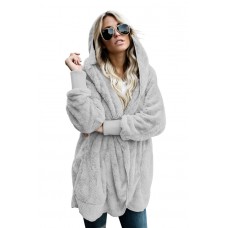 Grey Soft Fleece Hooded Open Front Coat