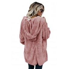 Pink Soft Fleece Hooded Open Front Coat