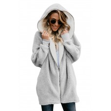 Gray Zip Down Hooded Fluffy Coat