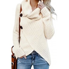 White Buttoned Wrap Cowl Neck Sweater