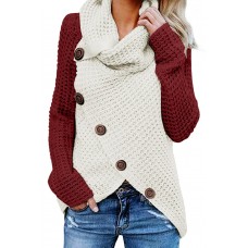 Red Button Turtle Cowl Neck Asymmetric Hem Wrap Pullover Sweater