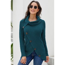 Slate Blue Buttoned Wrap Turtleneck Sweater