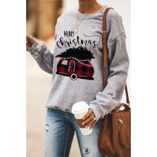 Gray Merry Christmas Letters Print Pullover Sweatshirt
