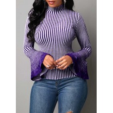 Flare Sleeve Stripe Pattern High Neck Sweater