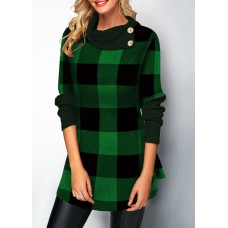 Plaid Pattern Button Detail Long Sleeve Sweater