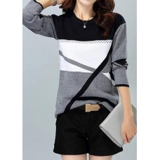 Round Neck Long Sleeve Stripe Pattern Sweater