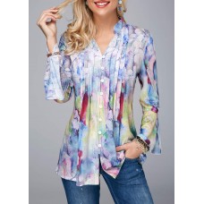 Split Neck Crinkle Chest Flare Cuff Blouse