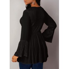 Lace Panel Flare Cuff Button Detail Blouse