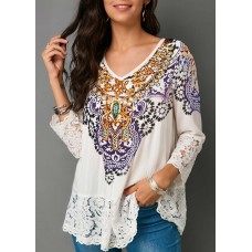 Three Quarter Sleeve Lace Patchwork White Blouse