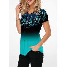 Round Neck Button Embellished Printed Blouse