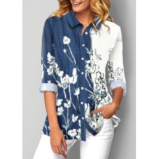 Button Up Floral Print Turndown Collar Blouse