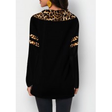 Leopard Print Button Detail Long Sleeve T Shirt