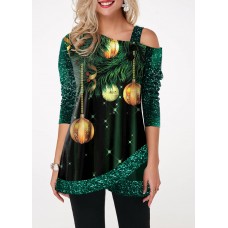 Christmas Print Sequin Panel Tulip Hem T Shirt