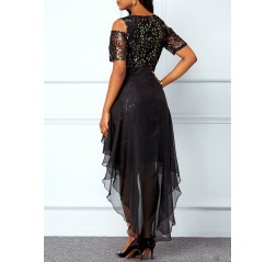 Cold Shoulder Chiffon Overlay High Low Lace Dress
