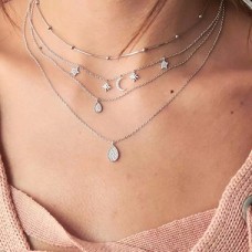 Moon Pendant Layered Silver Metal Necklace