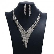 Rhinestone Embellished Silver Metal Necklace Set for Lady