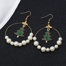Christmas Tree and Faux Pearl Pendant Gold Metal Earrings