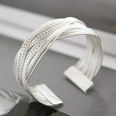 Metal Rattan Knitted Twisted Silver Wide Bracelet