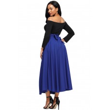 Blue Retro High Waist Pleated Belted Maxi Skirt