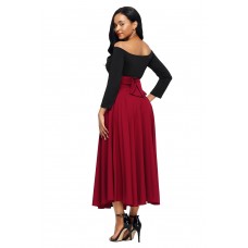 Red Retro High Waist Pleated Belted Maxi Skirt
