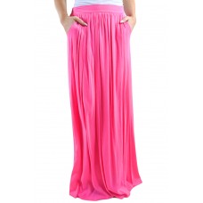 Rosy Elastic Waist Pleated Gauze Maxi Skirt with Lining