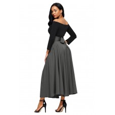 Gray Retro High Waist Pleated Belted Maxi Skirt